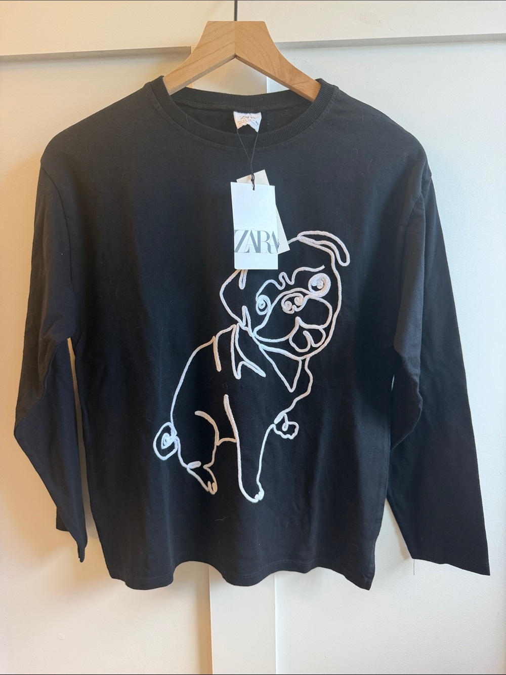 Zara Kids Black Long-Sleeve Tee with Dog Design NWT Size 11-12